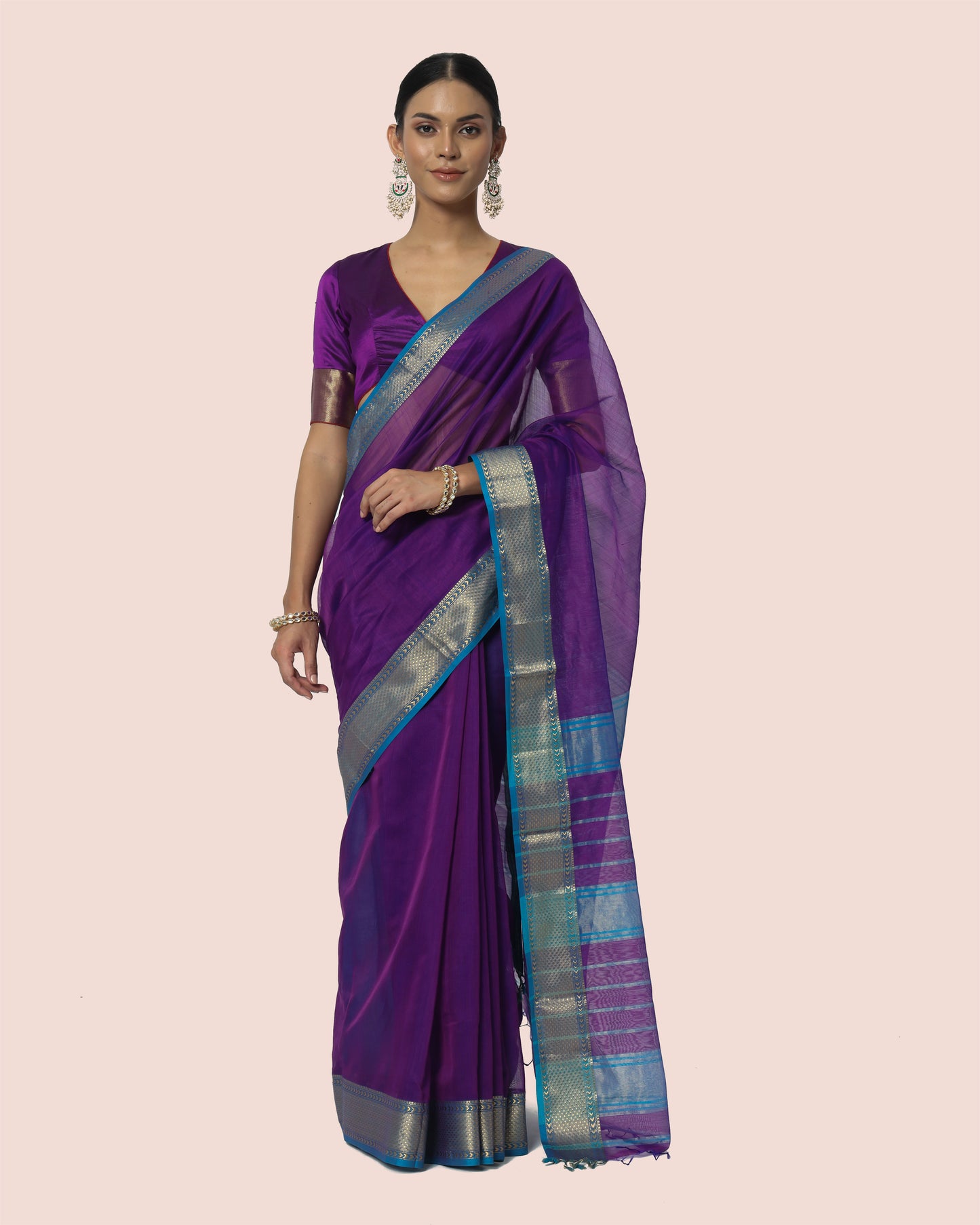 Blush Violet With gold Jari Maheshwari Saree