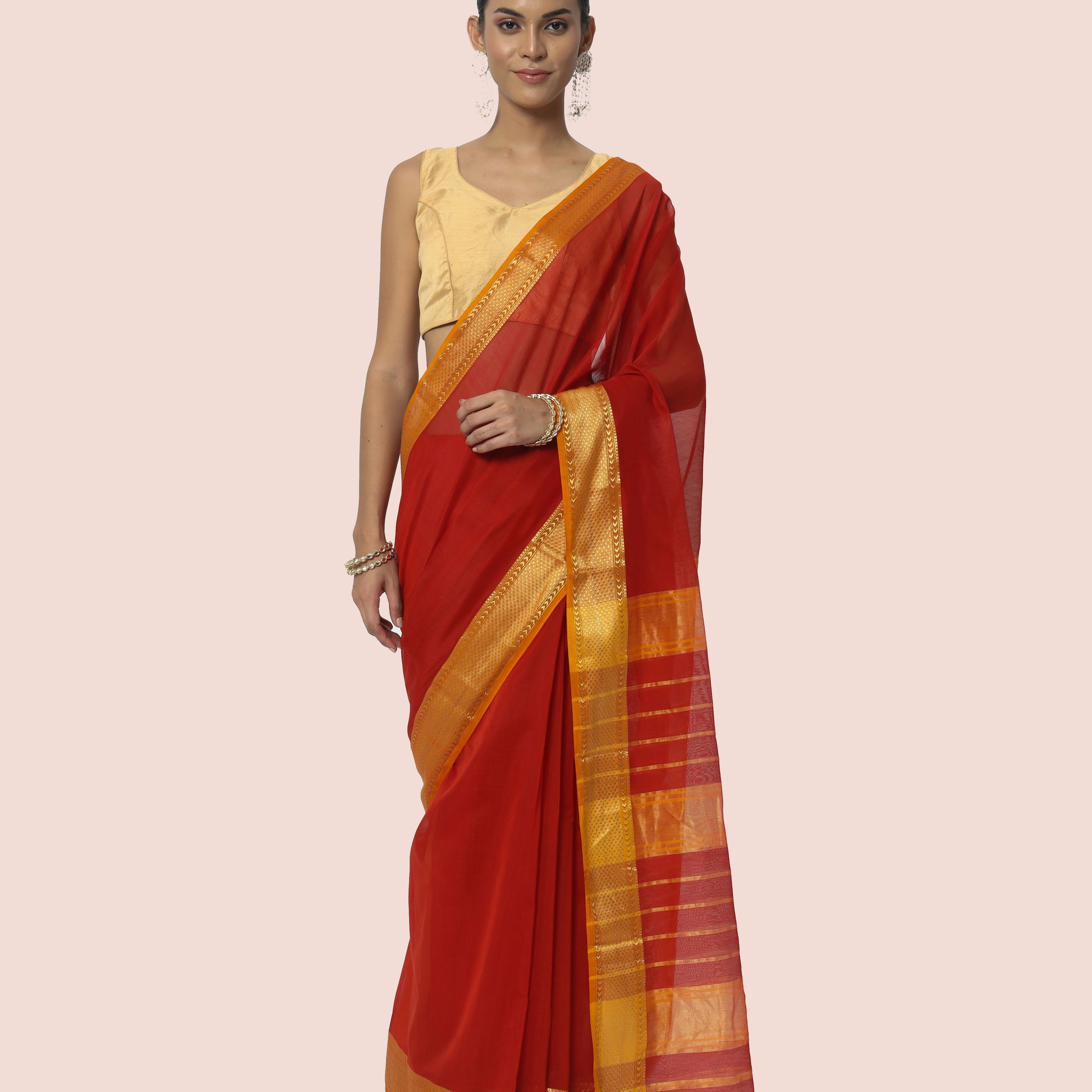 Rust Red Maheshwari Silk cotton with Mustard jari border