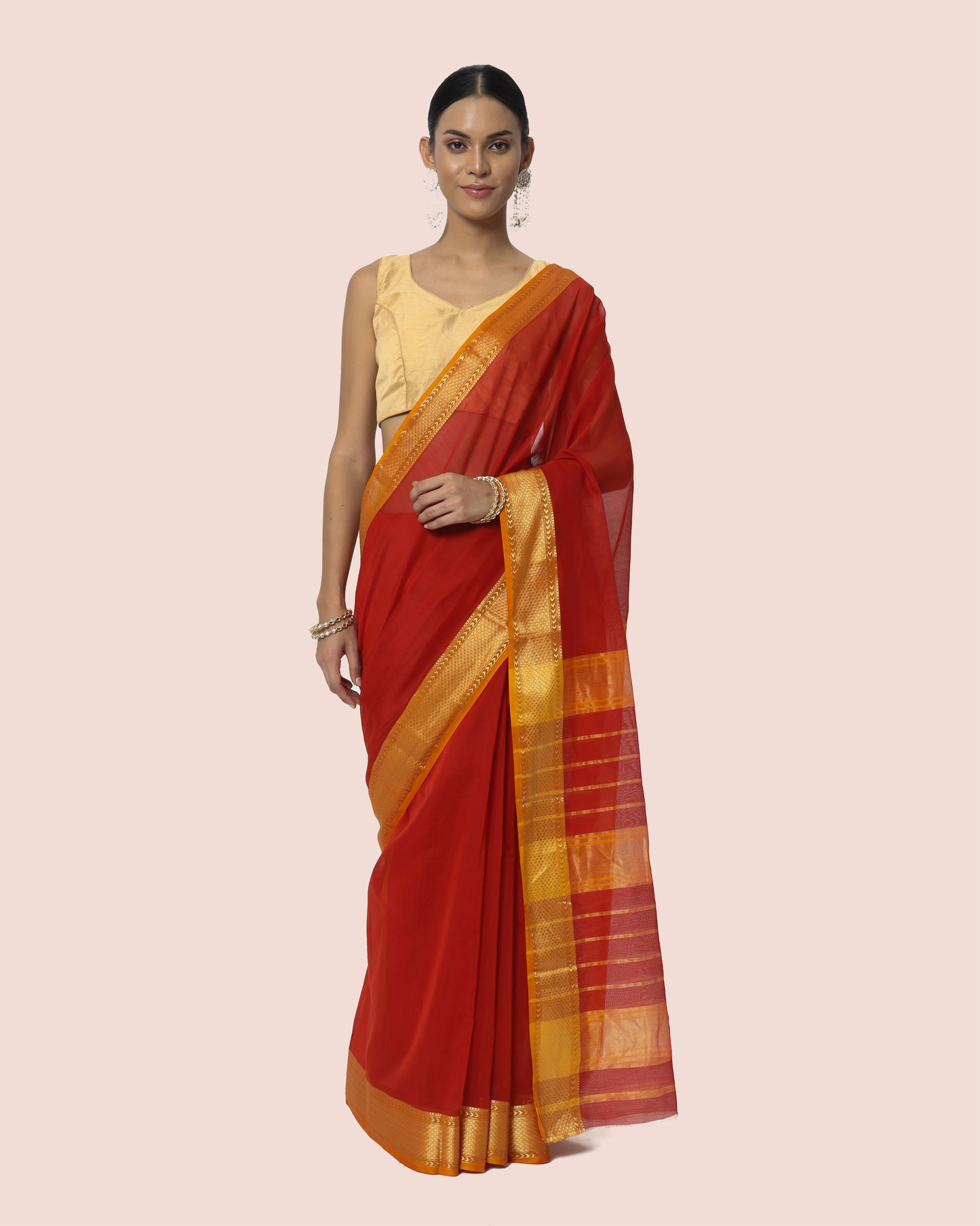 Rust Red Maheshwari Silk cotton with Mustard jari border