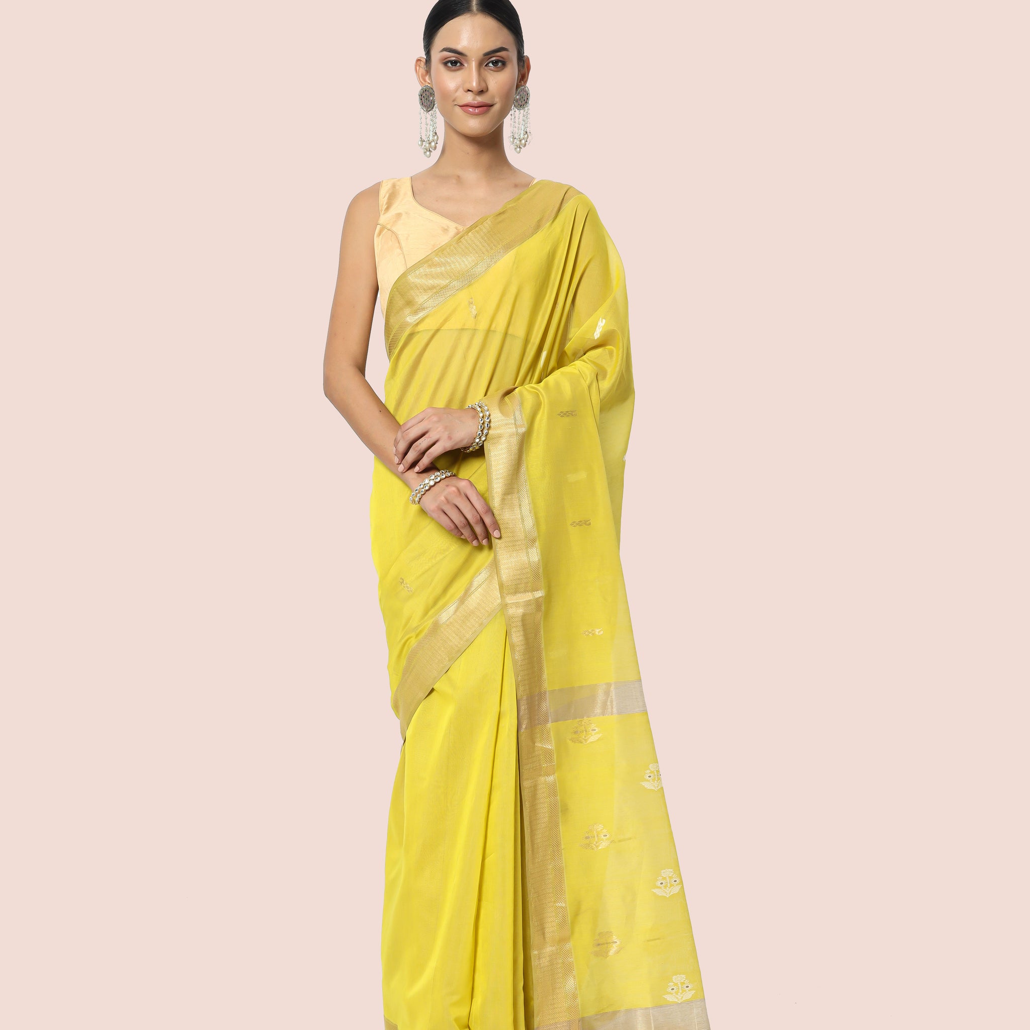 Yellow Lime Gold Jari Butta's Maheshwari Saree