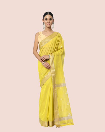 Yellow Lime Gold Jari Butta's Maheshwari Saree