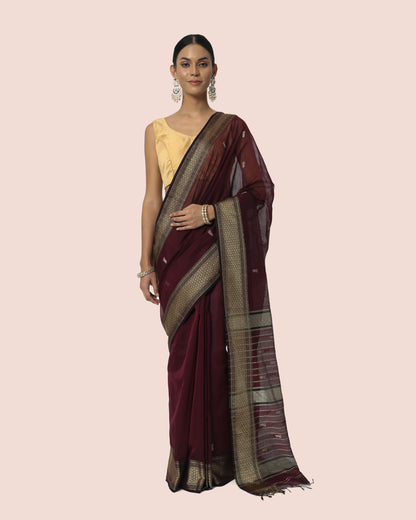 Rosewood Wine With Silk Border Butti Pallu Maheshwari Saree