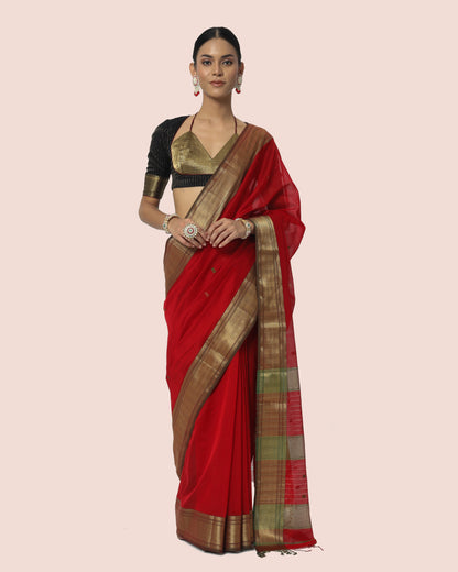 Rust Red with Gold Jari Butti Maheshwari Saree