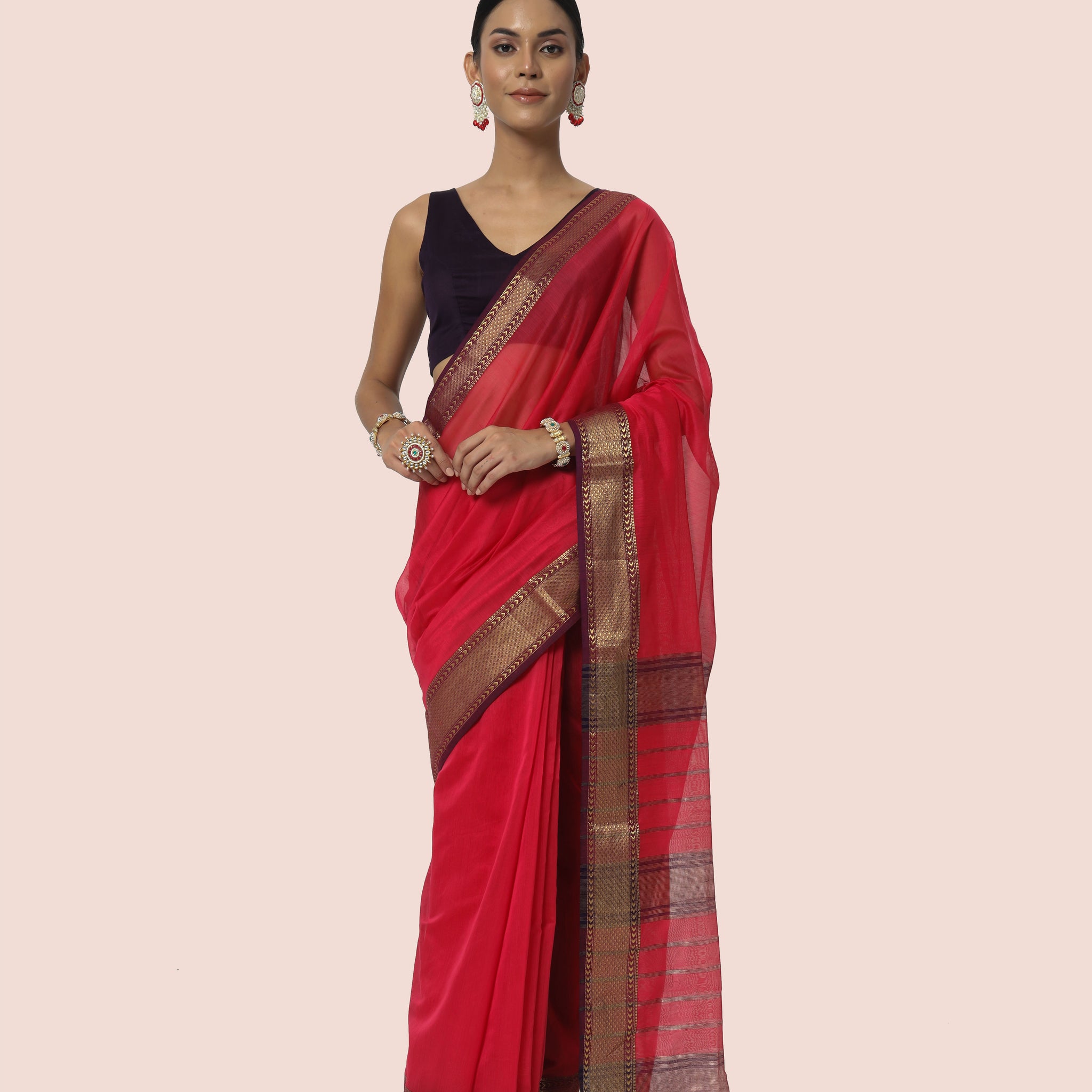 Crimson Red with Gold Jari Maheshwari Saree