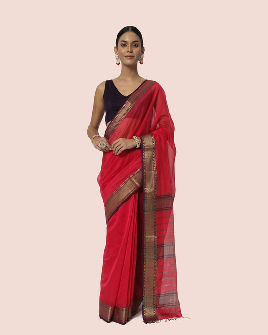 Crimson Red with Gold Jari Maheshwari Saree