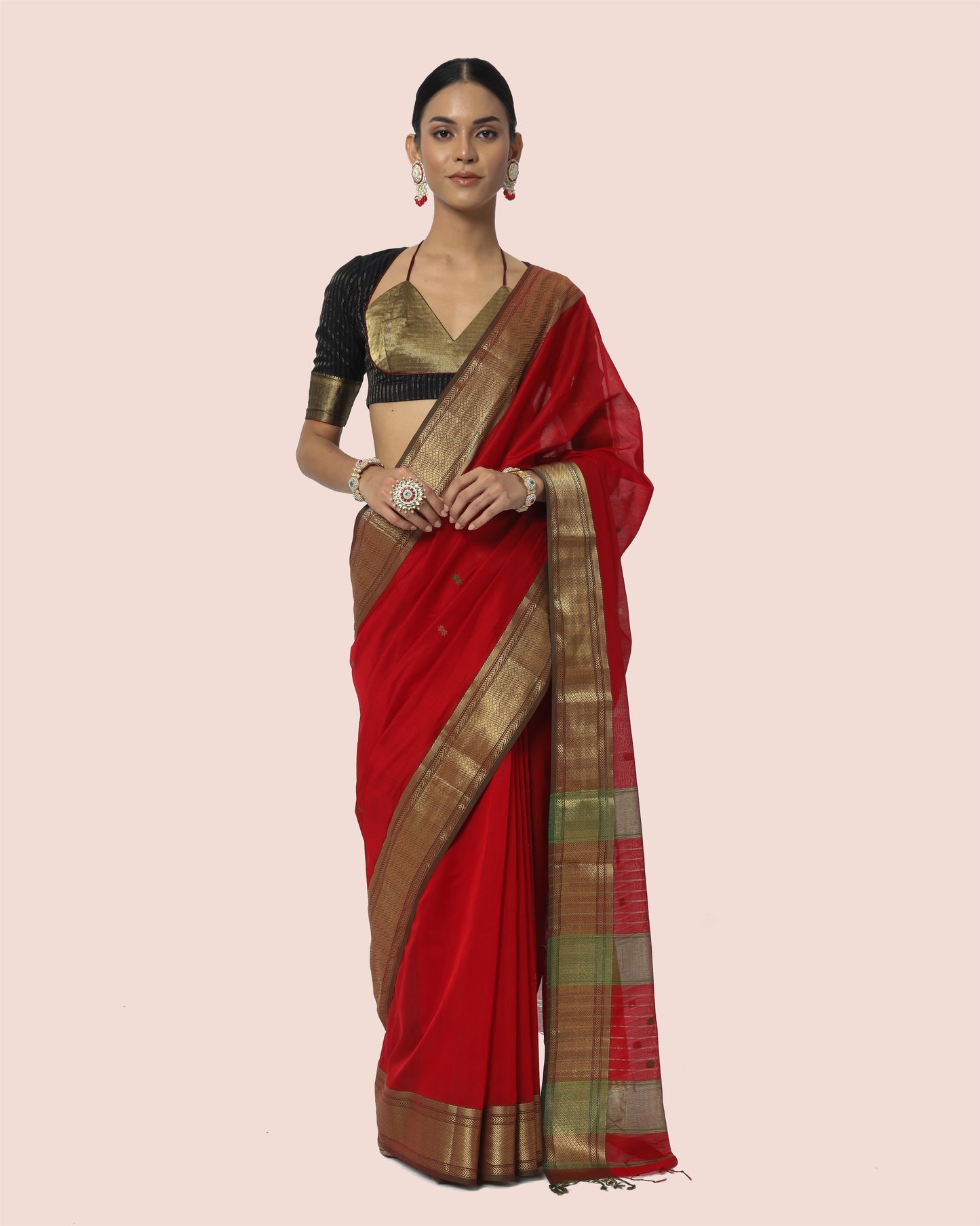 Rosso Red With Gold Jari Maheshwari Saree