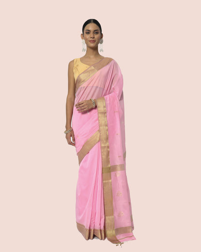 Light Pink Maheshwari Handwoven saree with gold jari butta's