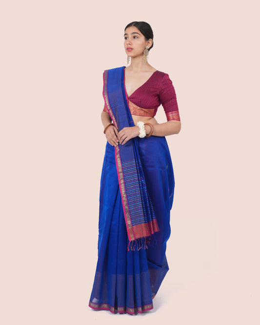 Dark Blue Pure Silk Cotton Maheswari Saree with Burgundy Border