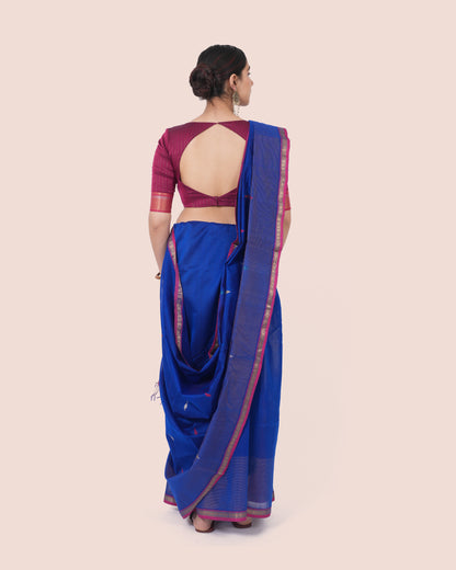 Dark Blue Pure Silk Cotton Maheswari Saree with Burgundy Border