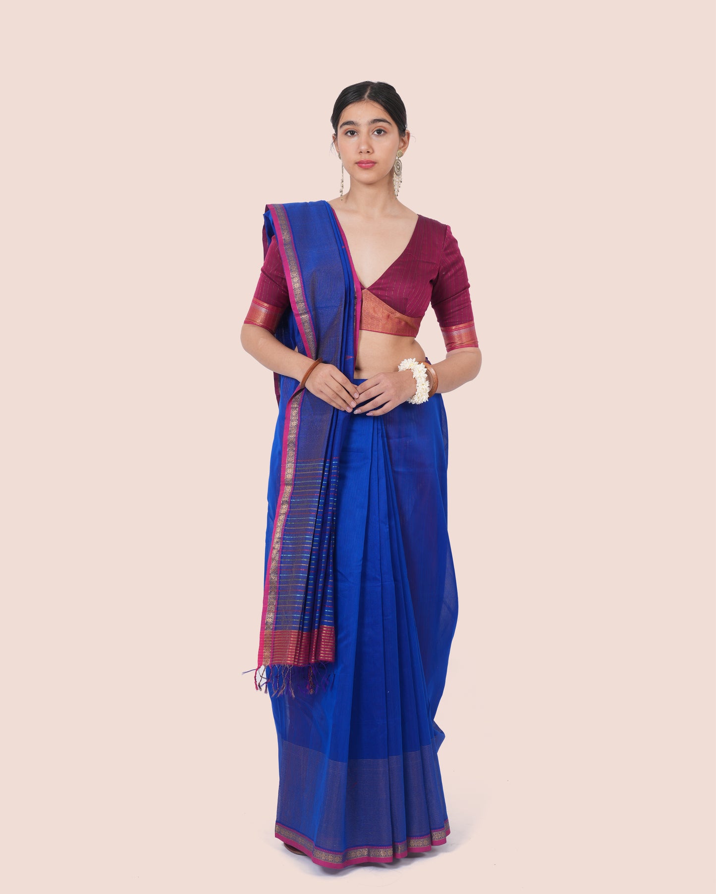 Dark Blue Pure Silk Cotton Maheswari Saree with Burgundy Border