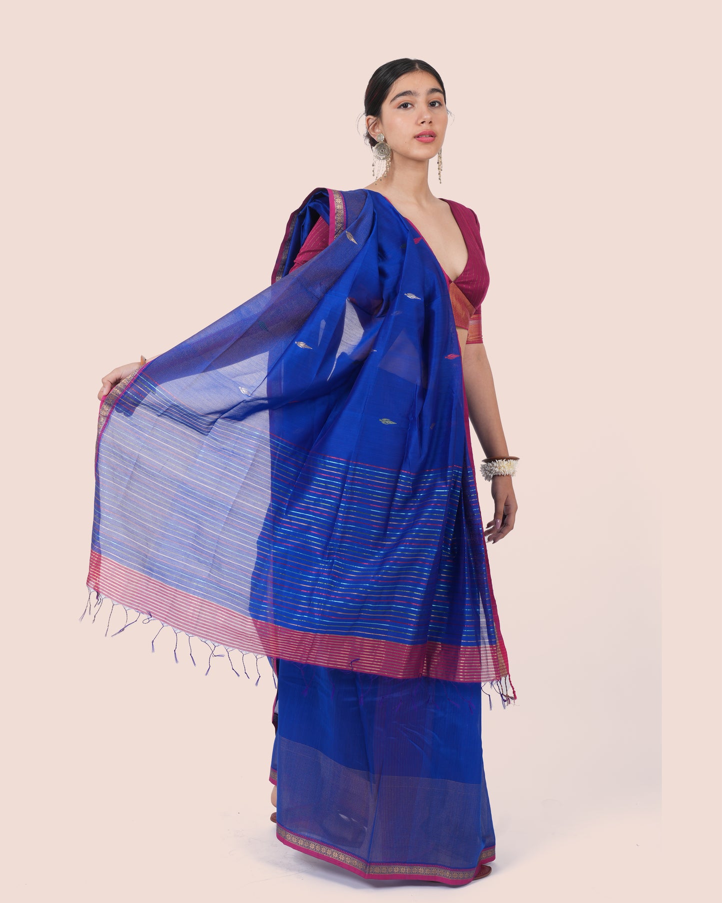 Dark Blue Pure Silk Cotton Maheswari Saree with Burgundy Border