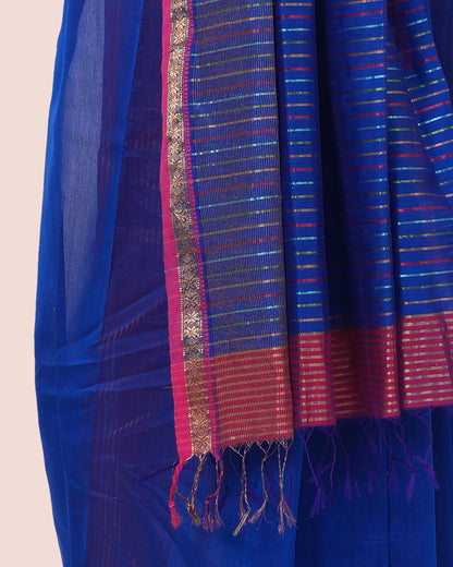 Dark Blue Pure Silk Cotton Maheswari Saree with Burgundy Border