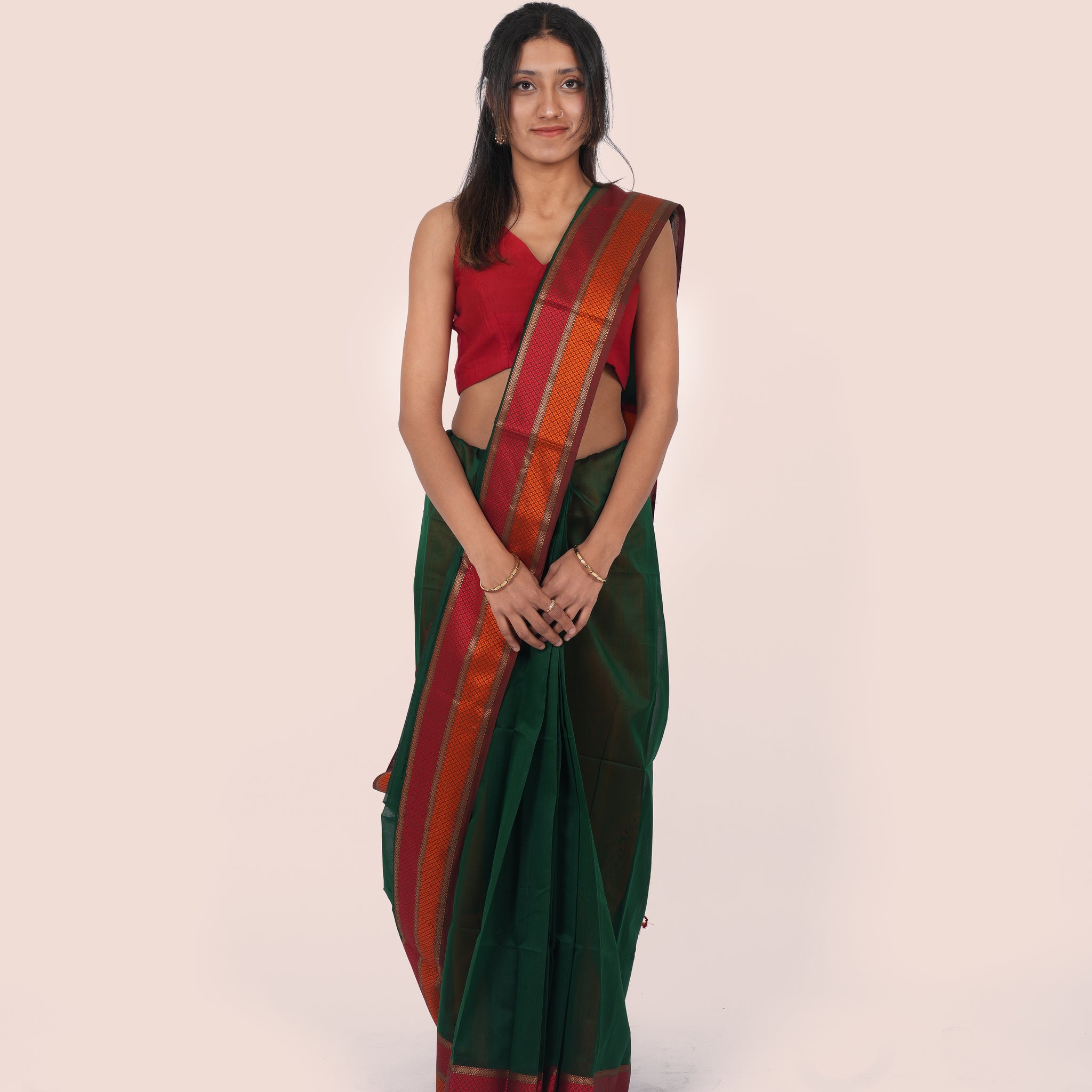 Deep Green Pure Silk Cotton Maheshwari Saree with Red Border