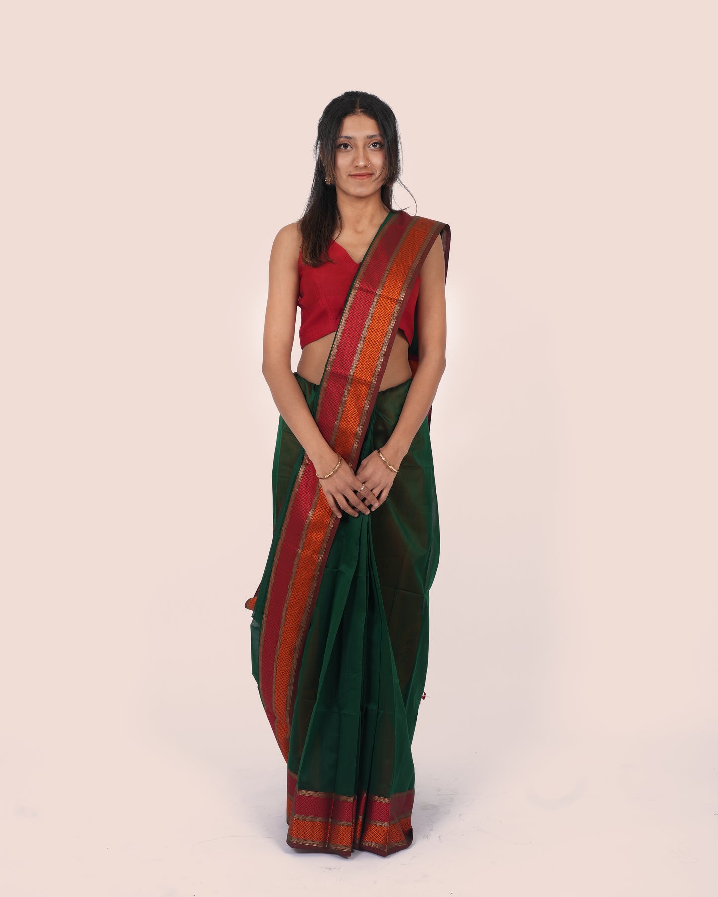 Deep Green Pure Silk Cotton Maheshwari Saree with Red Border