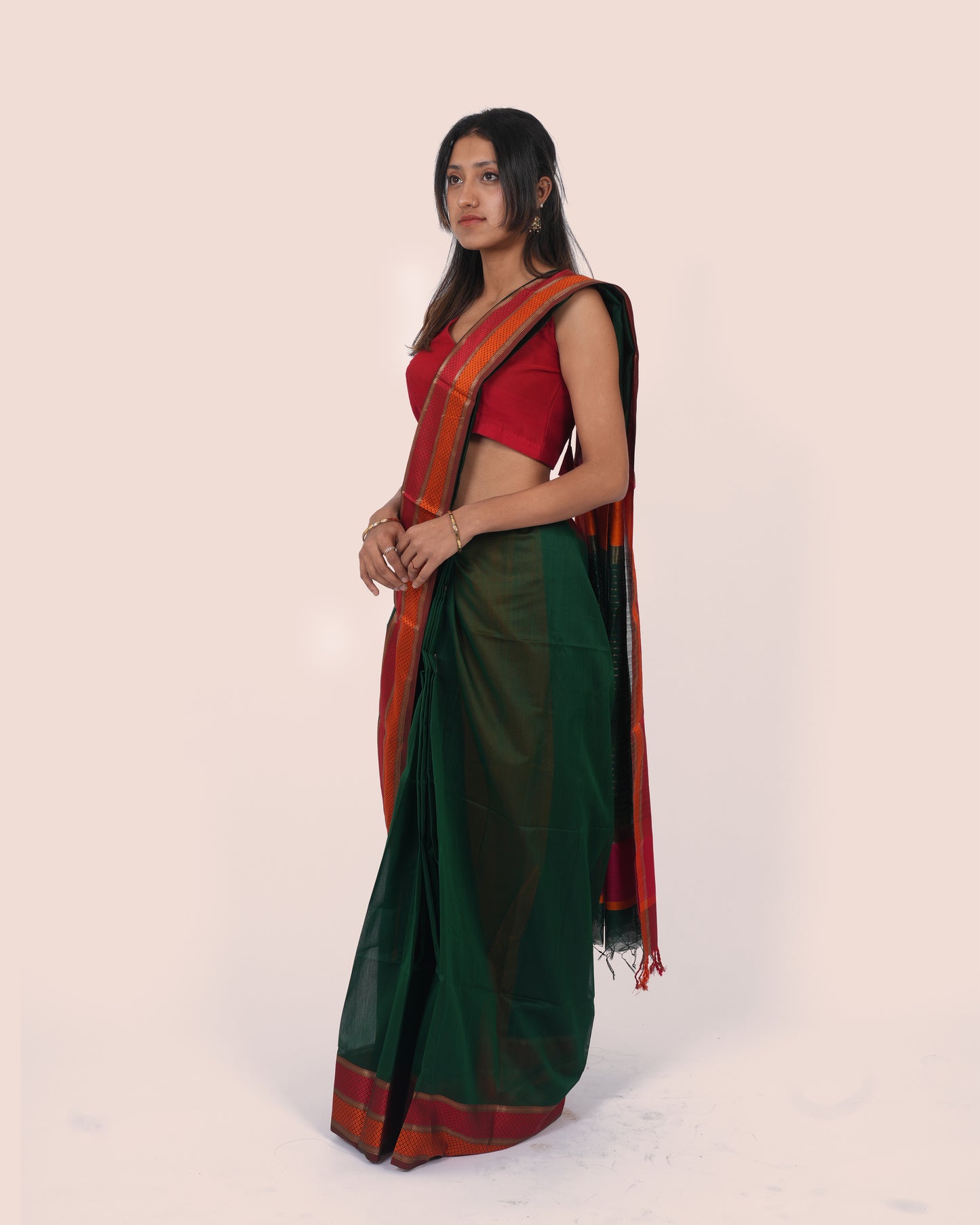 Deep Green Pure Silk Cotton Maheshwari Saree with Red Border