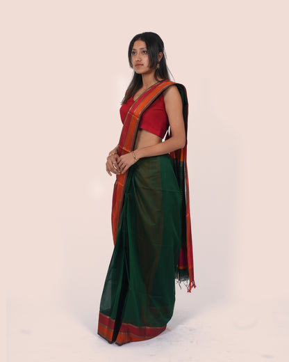 Deep Green Pure Silk Cotton Maheshwari Saree with Red Border