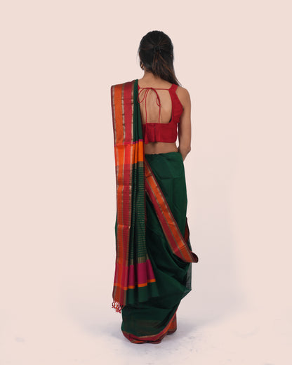 Deep Green Pure Silk Cotton Maheshwari Saree with Red Border