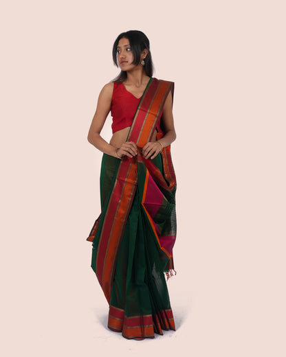 Deep Green Pure Silk Cotton Maheshwari Saree with Red Border