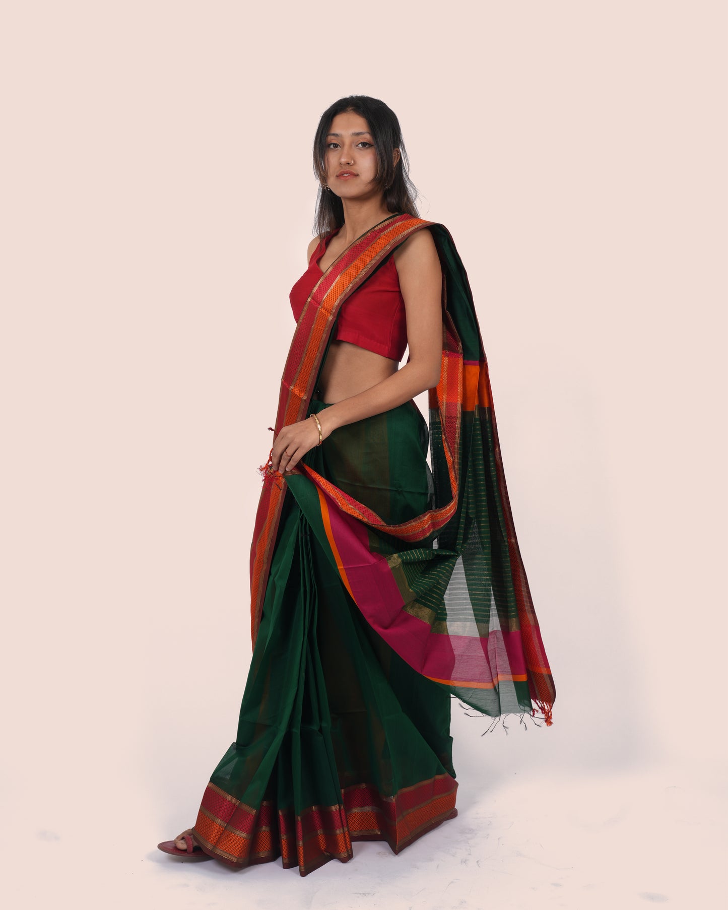 Deep Green Pure Silk Cotton Maheshwari Saree with Red Border