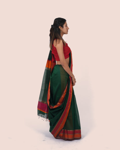 Deep Green Pure Silk Cotton Maheshwari Saree with Red Border