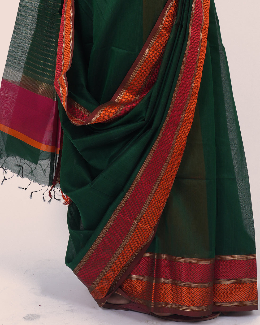 Deep Green Pure Silk Cotton Maheshwari Saree with Red Border