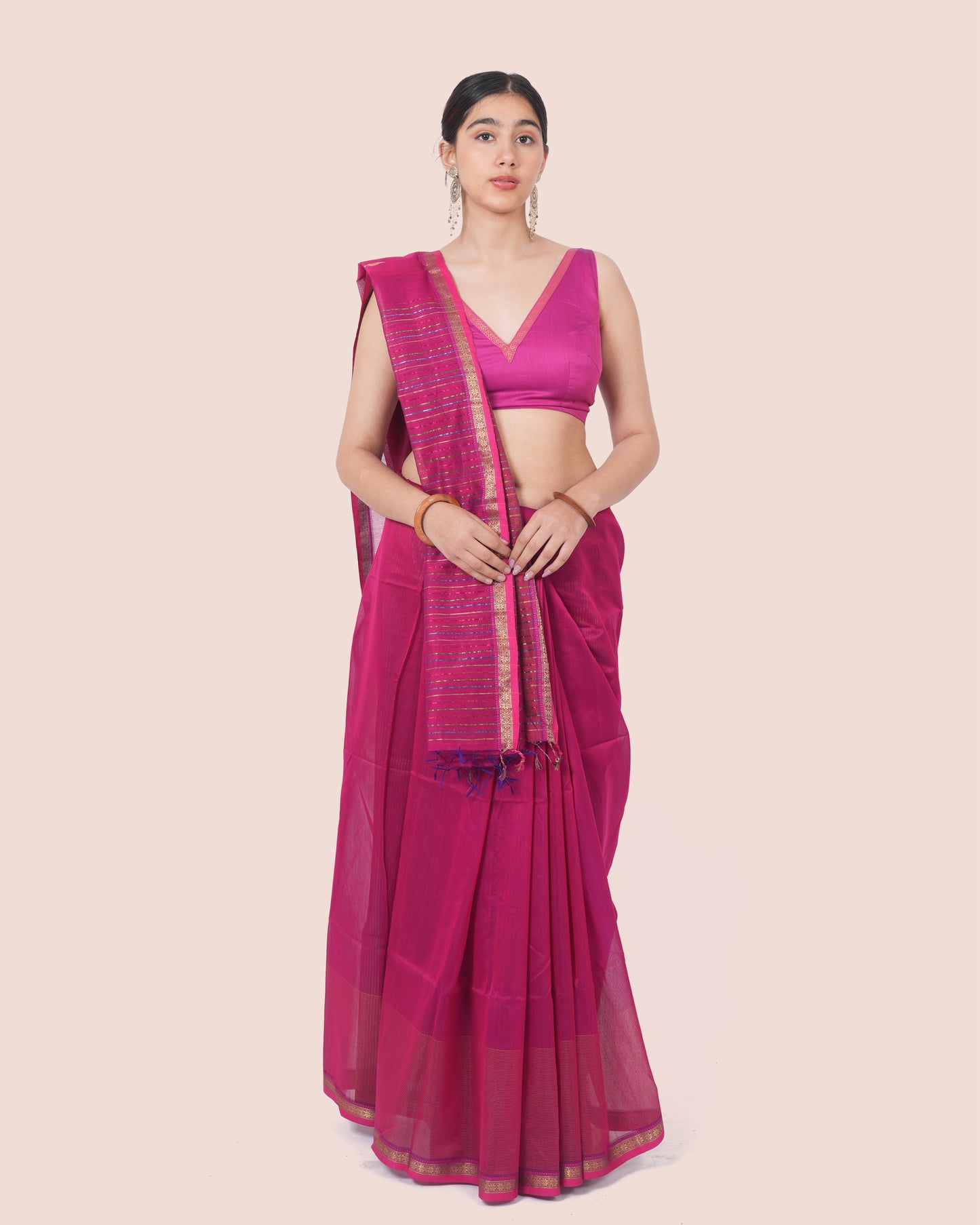 Magenta Pure Silk & Cotton Maheshwari Saree