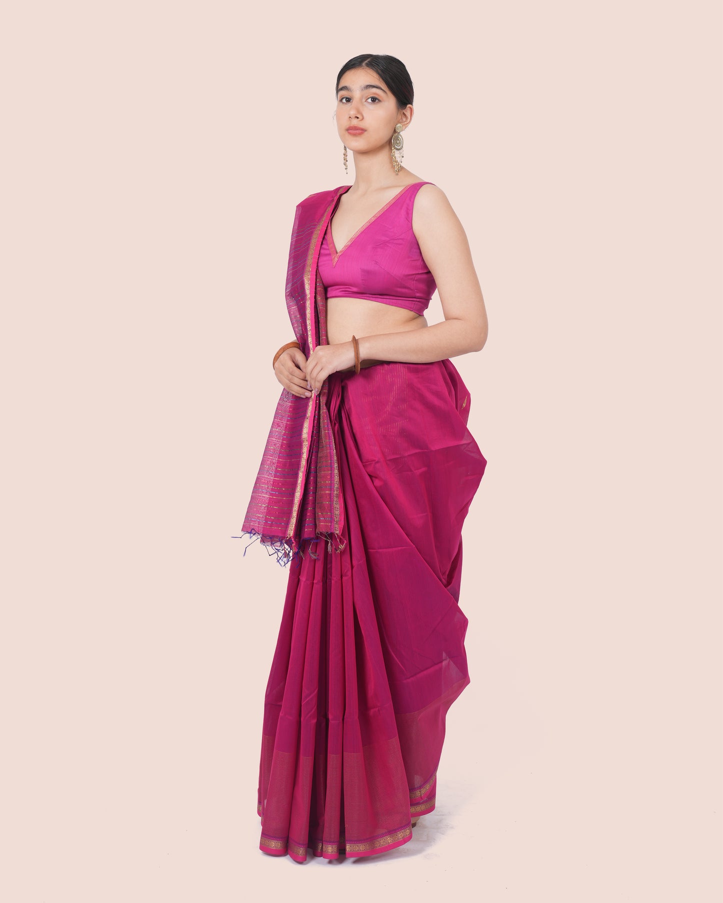 Magenta Pure Silk & Cotton Maheshwari Saree