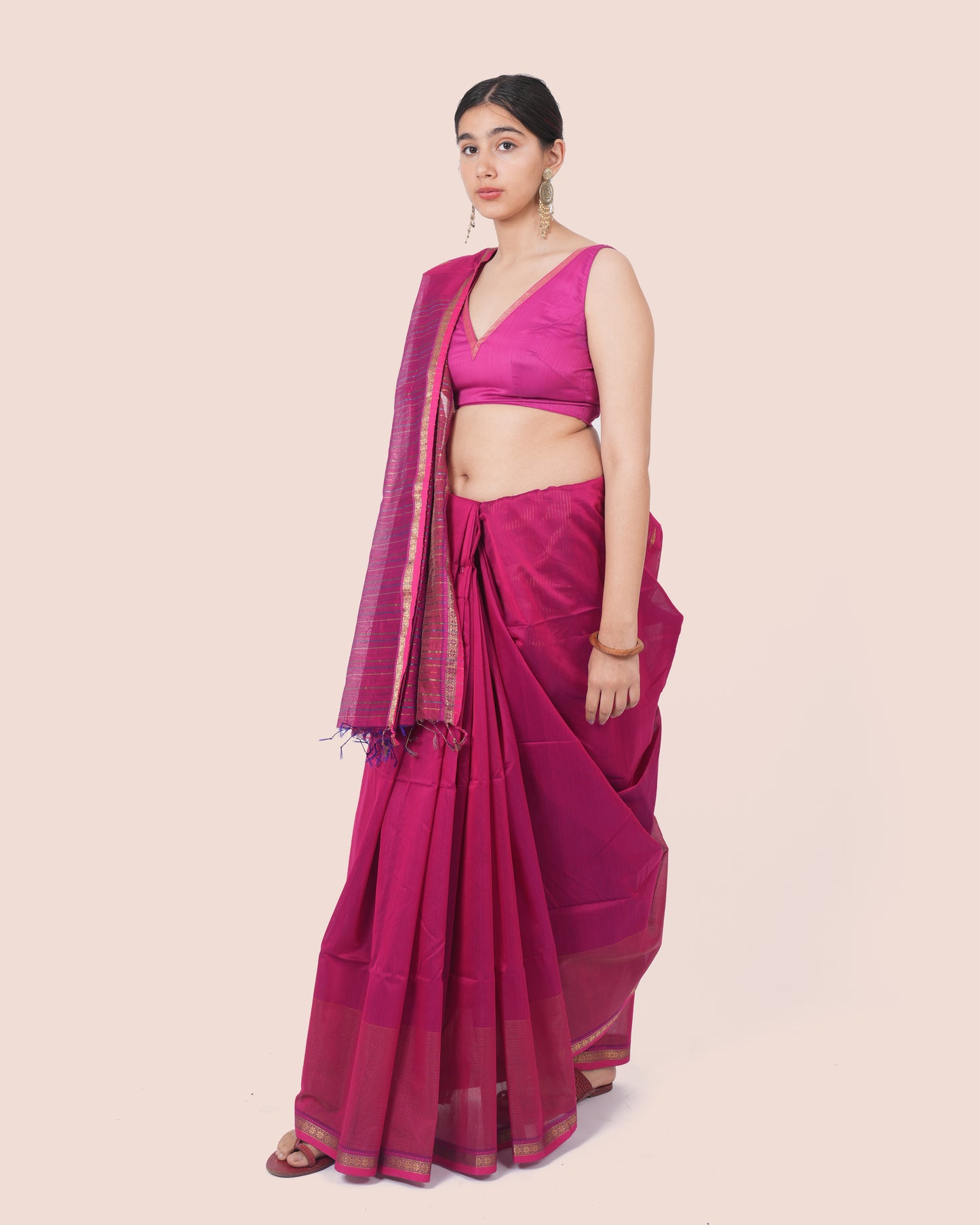 Magenta Pure Silk & Cotton Maheshwari Saree