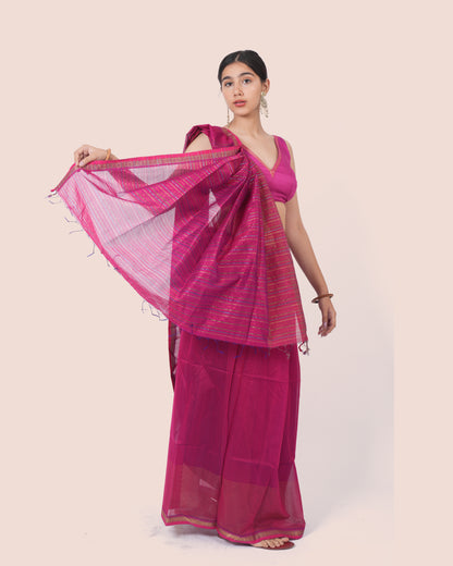 Magenta Pure Silk & Cotton Maheshwari Saree