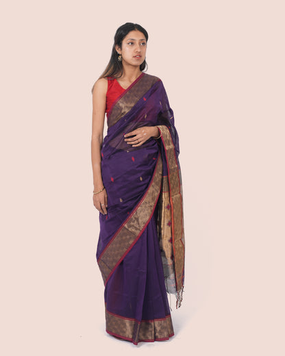 Purple Pure Silk Cotton Maheshwari Saree with Booti and Golden Border