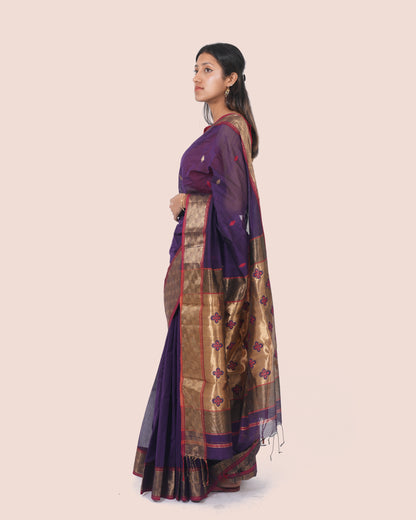 Purple Pure Silk Cotton Maheshwari Saree with Booti and Golden Border