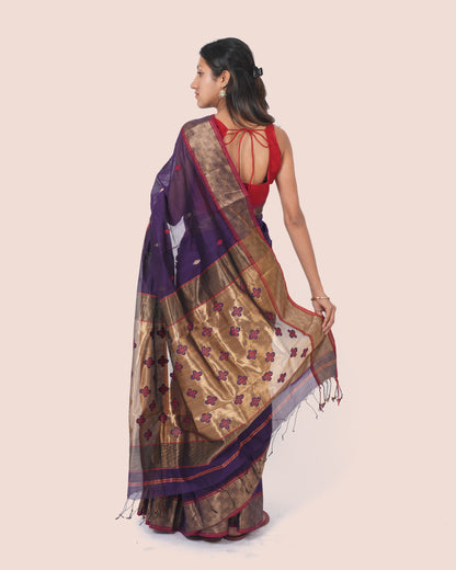 Purple Pure Silk Cotton Maheshwari Saree with Booti and Golden Border