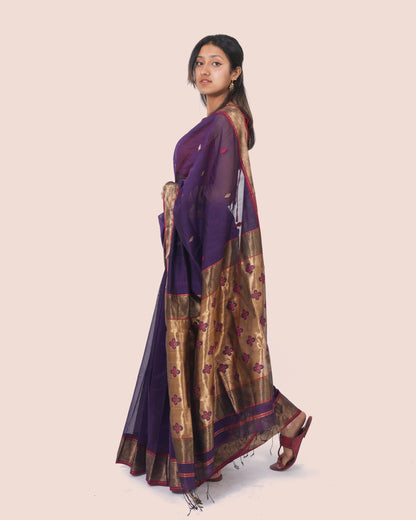 Purple Pure Silk Cotton Maheshwari Saree with Booti and Golden Border