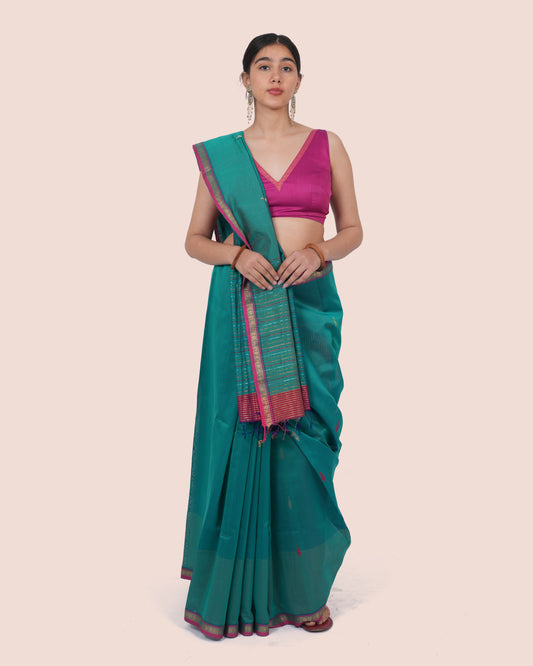 Teal Green Pure Silk Cotton Maheshwari Saree with Dark Pink Border