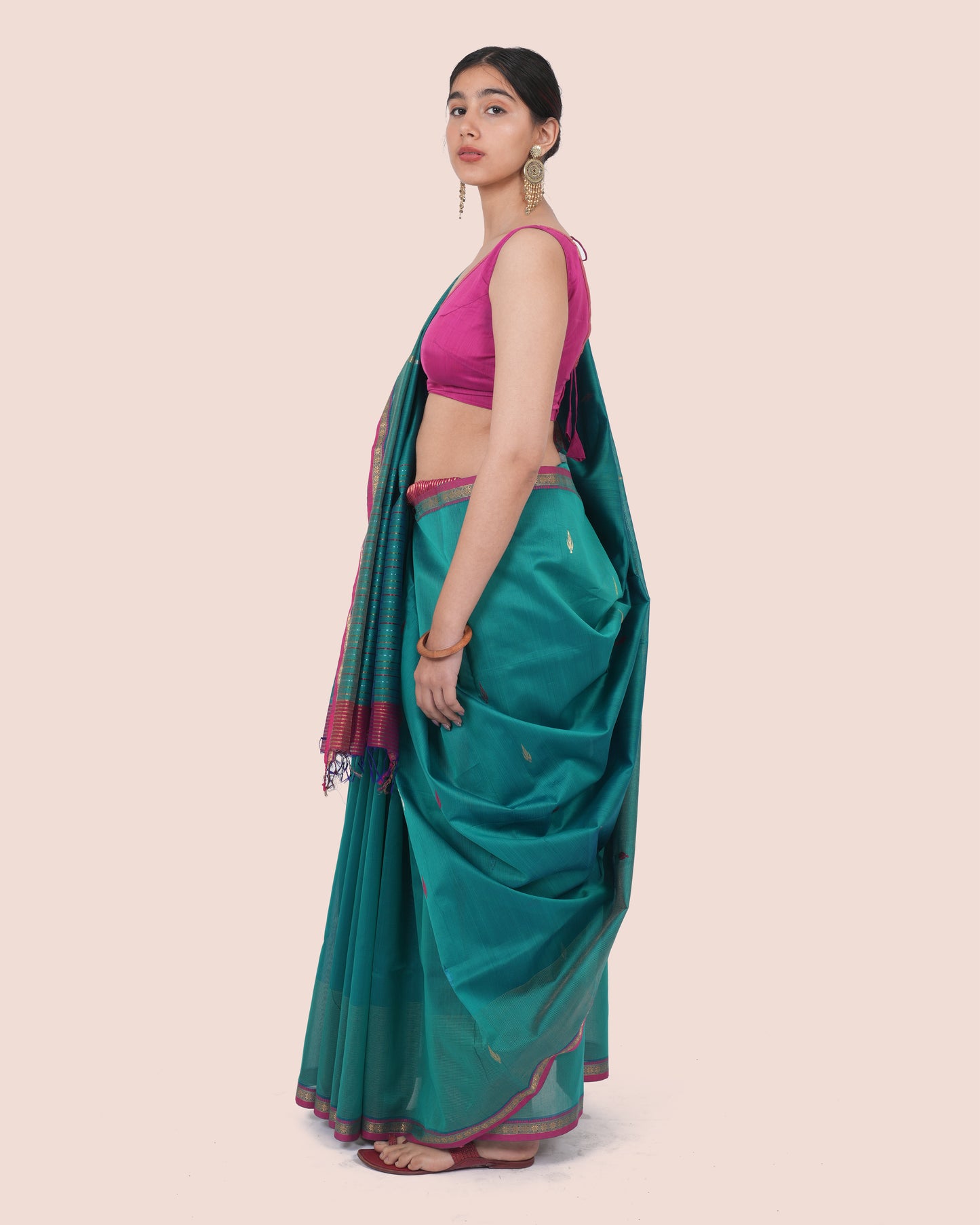 Teal Green Pure Silk Cotton Maheshwari Saree with Dark Pink Border