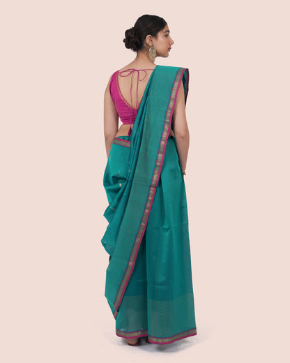 Teal Green Pure Silk Cotton Maheshwari Saree with Dark Pink Border