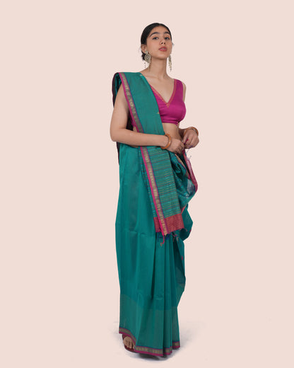 Teal Green Pure Silk Cotton Maheshwari Saree with Dark Pink Border