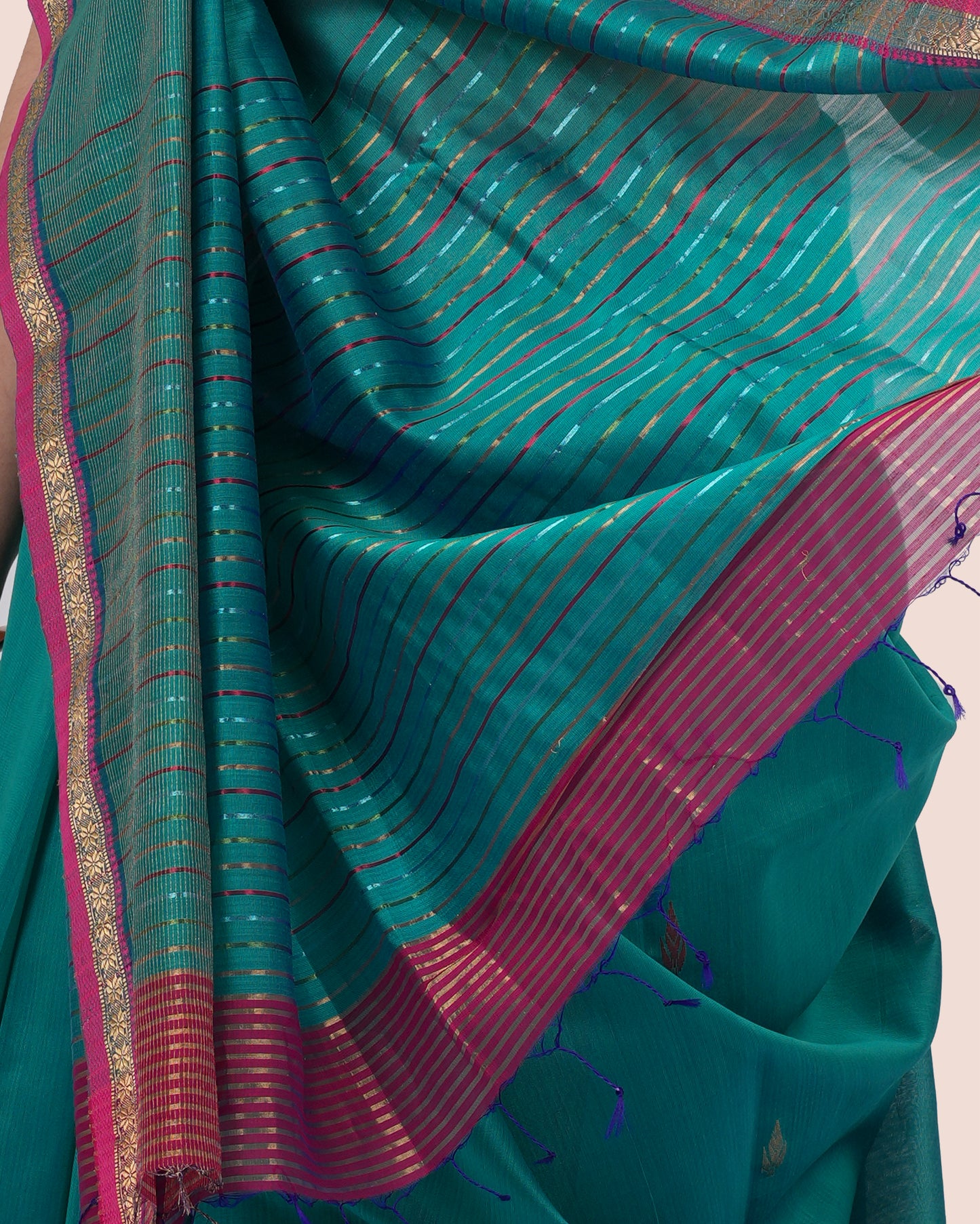 Teal Green Pure Silk Cotton Maheshwari Saree with Dark Pink Border