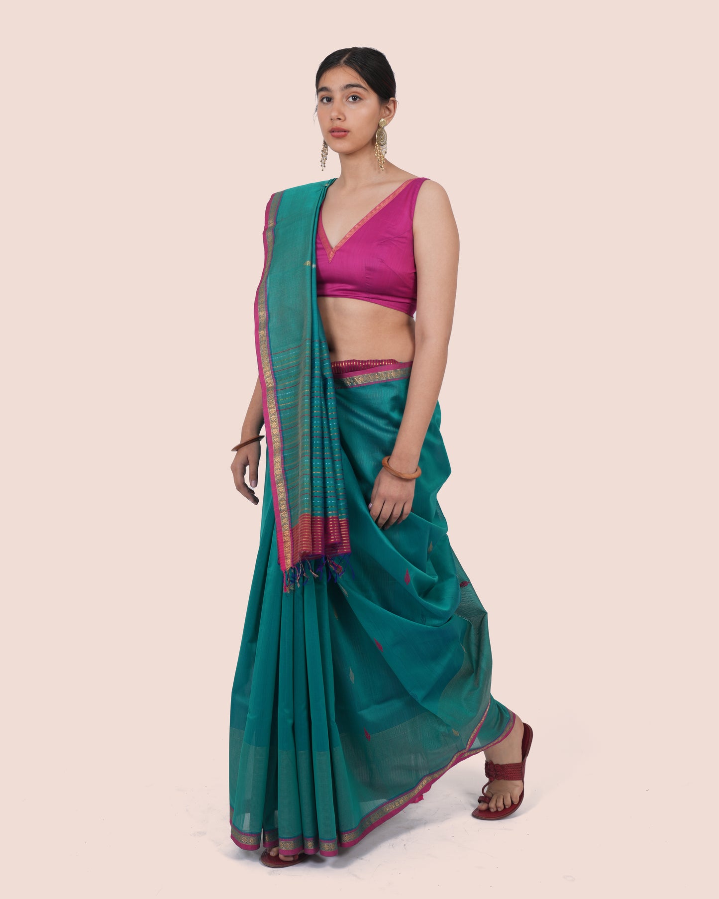 Teal Green Pure Silk Cotton Maheshwari Saree with Dark Pink Border