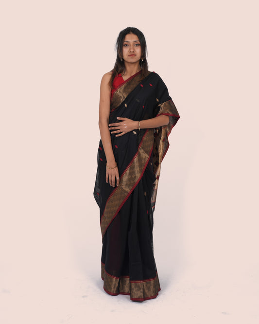 Black Meena Booti Handwoven Silk & Cotton Maheshwari Saree with Golden Border