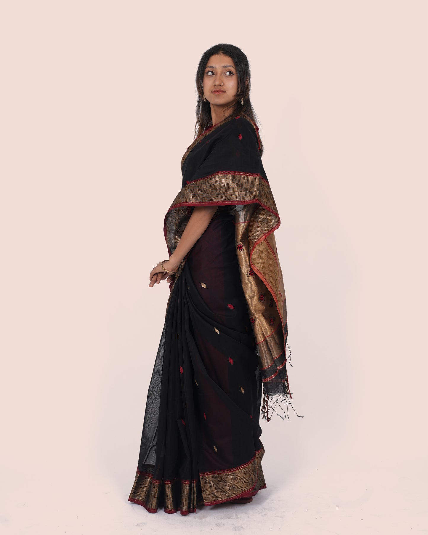 Black Meena Booti Handwoven Silk & Cotton Maheshwari Saree with Golden Border