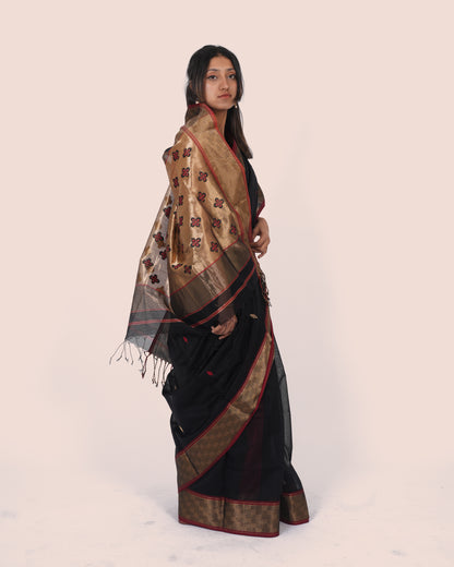 Black Meena Booti Handwoven Silk & Cotton Maheshwari Saree with Golden Border