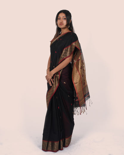 Black Meena Booti Handwoven Silk & Cotton Maheshwari Saree with Golden Border