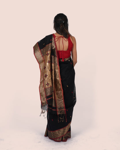 Black Meena Booti Handwoven Silk & Cotton Maheshwari Saree with Golden Border