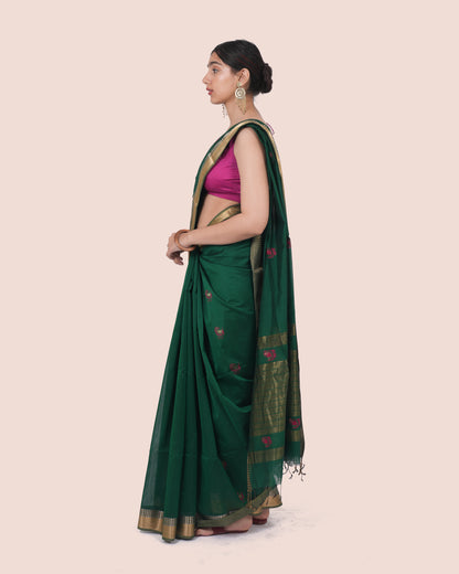 Dark Green Handwoven Silk Cotton Maheshwari Booti Saree with Golden Zari Border