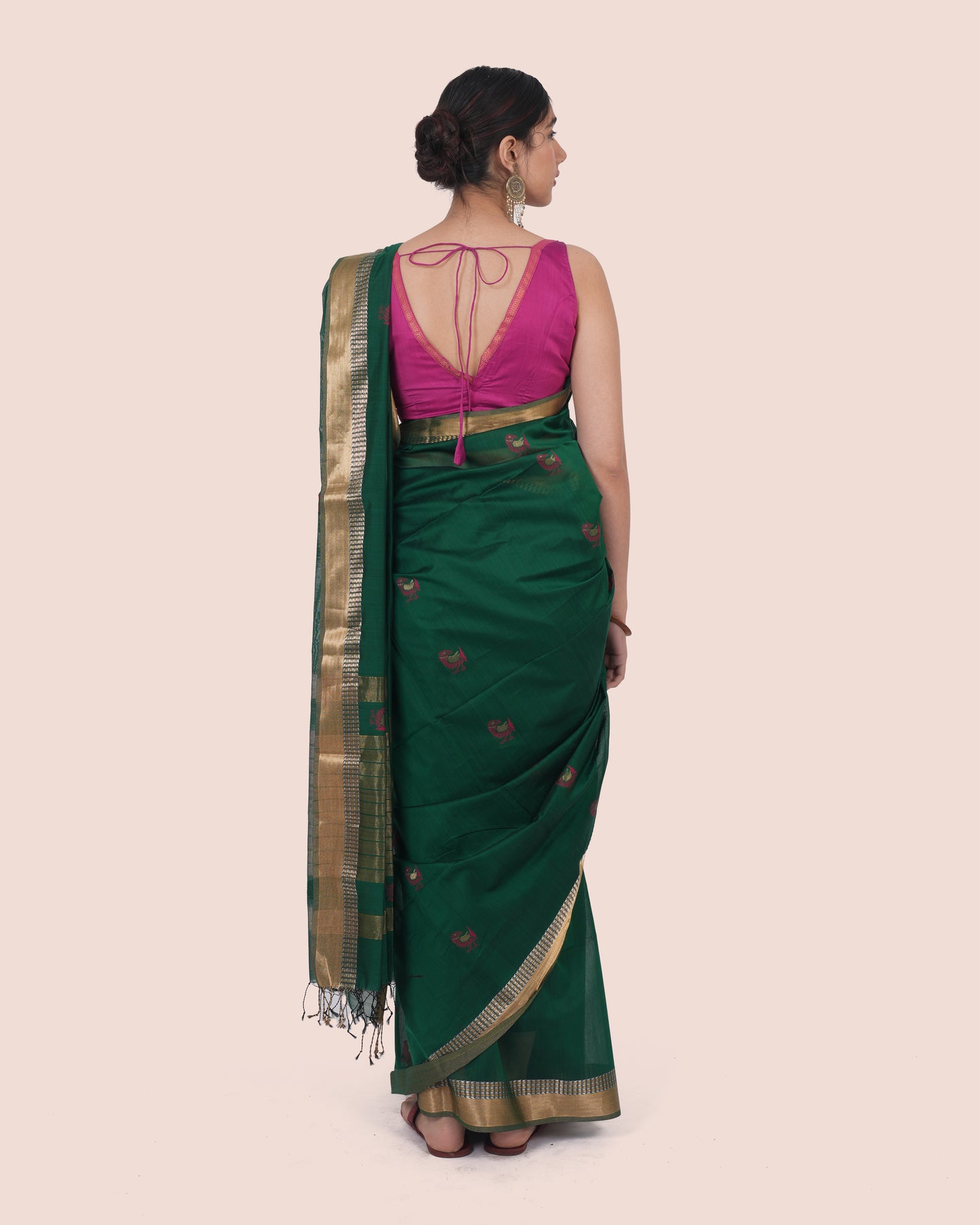 Dark Green Handwoven Silk Cotton Maheshwari Booti Saree with Golden Zari Border