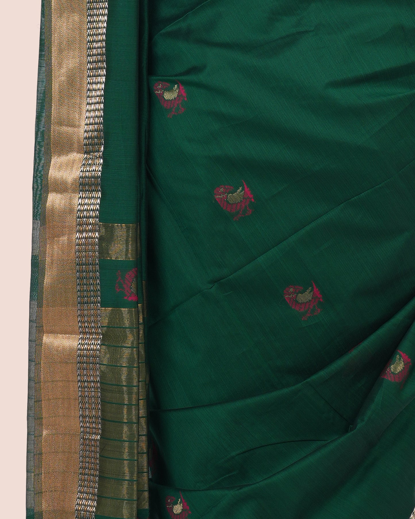 Dark Green Handwoven Silk Cotton Maheshwari Booti Saree with Golden Zari Border