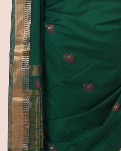 Dark Green Handwoven Silk Cotton Maheshwari Booti Saree with Golden Zari Border