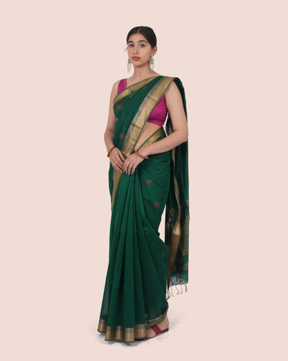 Dark Green Handwoven Silk Cotton Maheshwari Booti Saree with Golden Zari Border