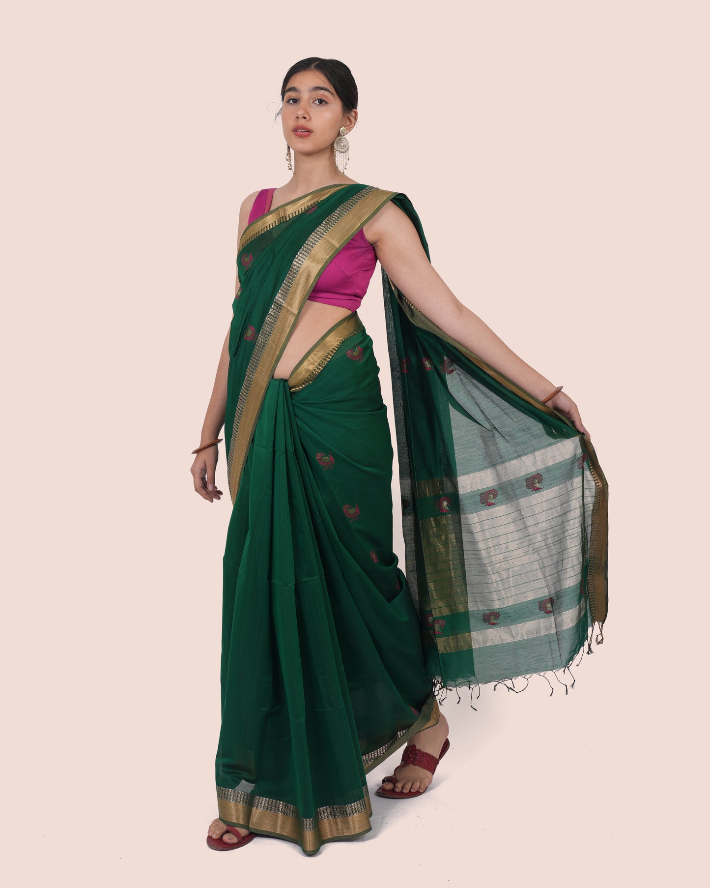 Dark Green Handwoven Silk Cotton Maheshwari Booti Saree with Golden Zari Border